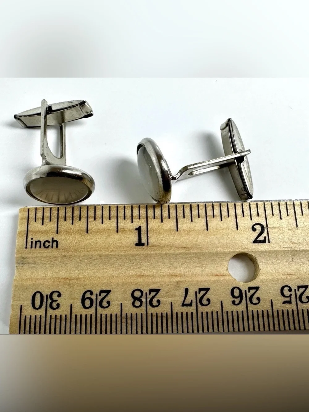 Silver Tone Round White Cabochon Bullet Back Men's Cufflinks Pair #1707